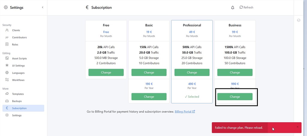 Impossible to upgrade subscription - Support - Squidex Support